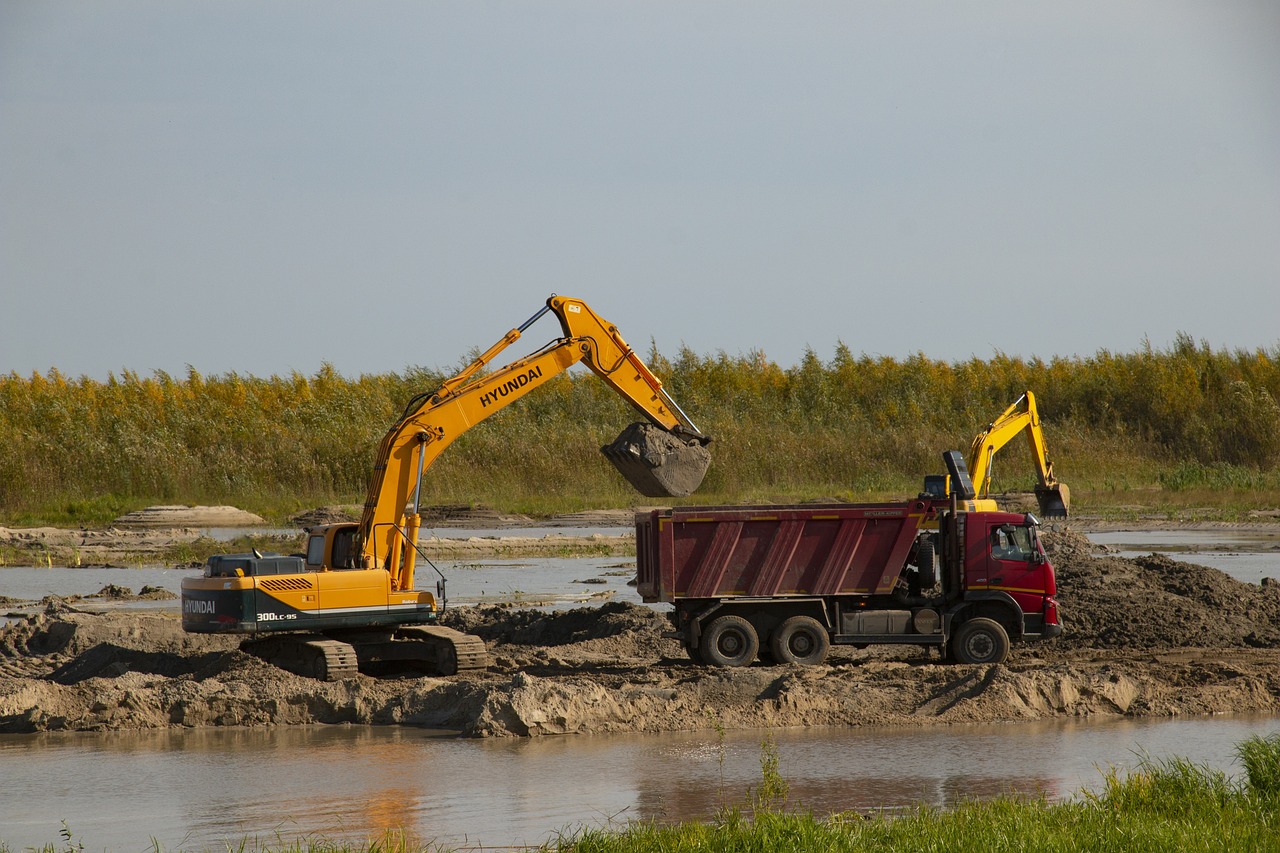 excavator, dump truck, truck